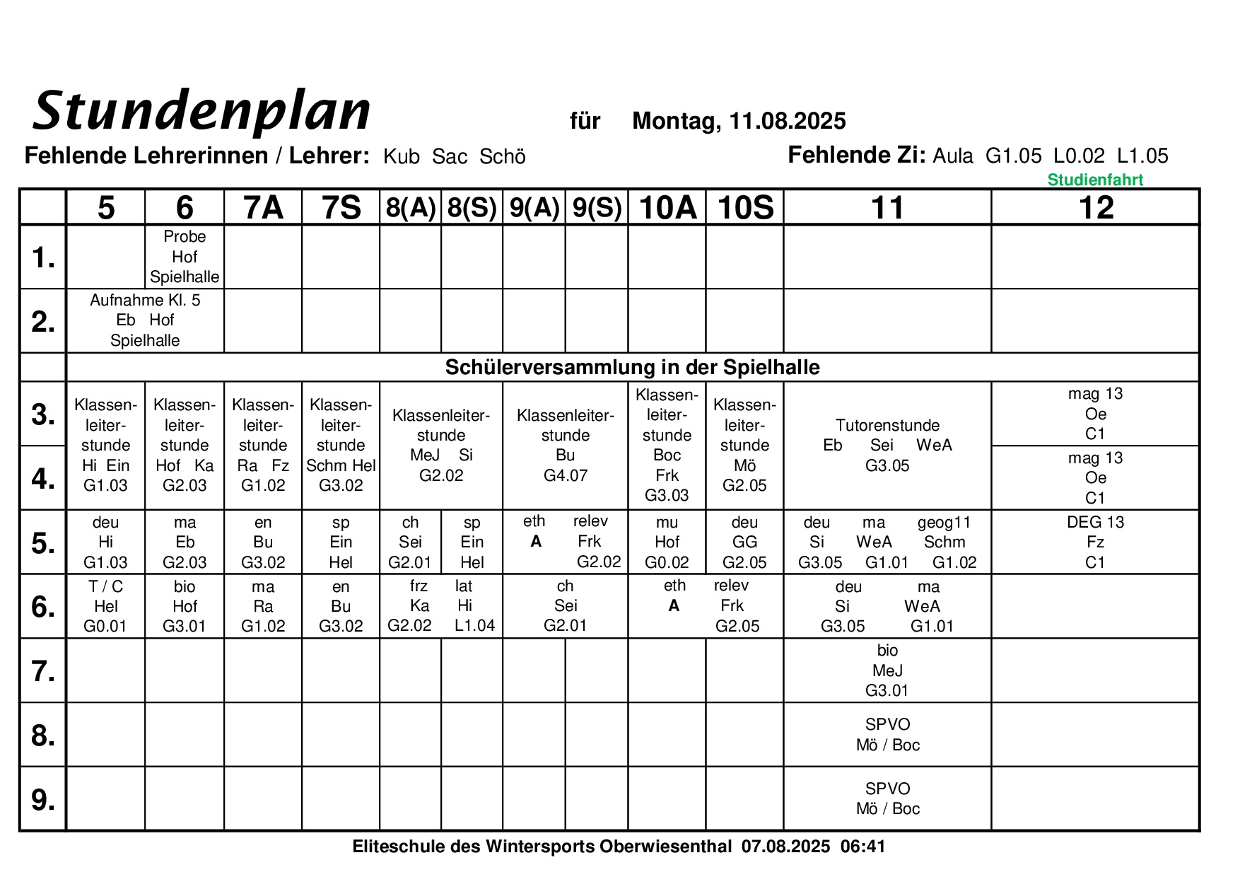 Stundenplan 11.08.2025